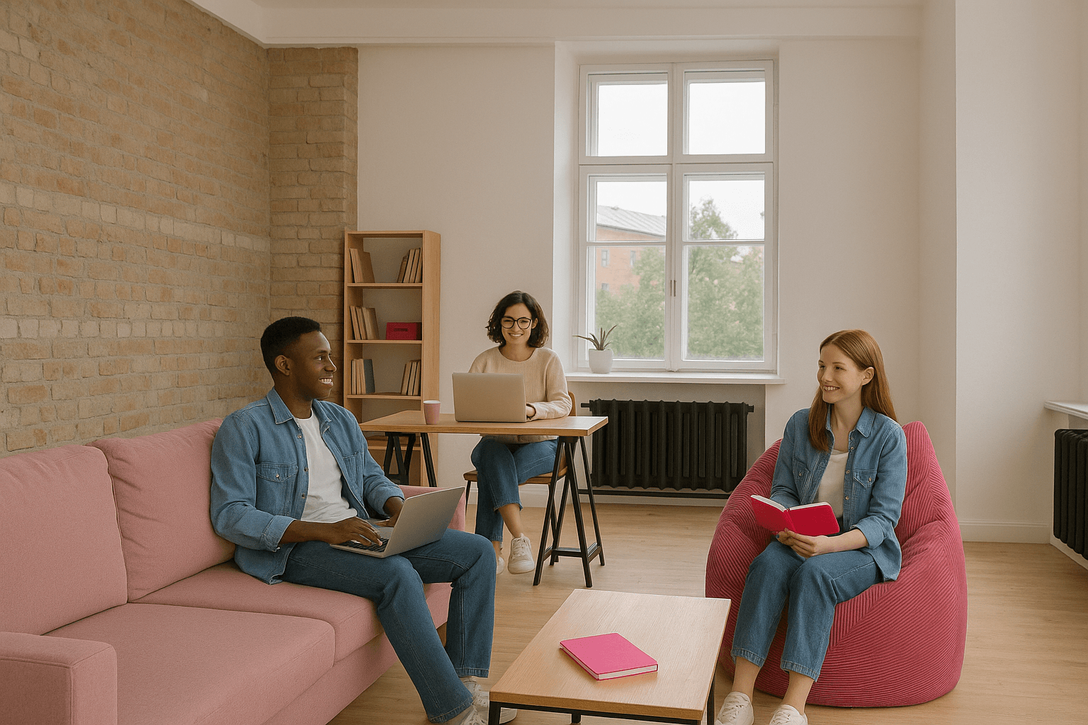 Students in a bright living space
